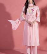 Floral yoke design v-neck a-line pure cotton kurta with trousers & dupatta