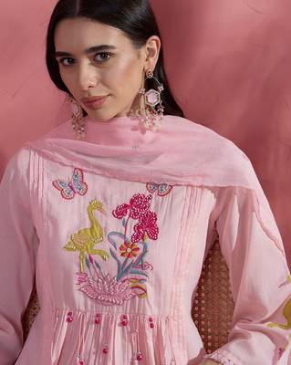 Floral yoke design v-neck a-line pure cotton kurta with trousers & dupatta 2