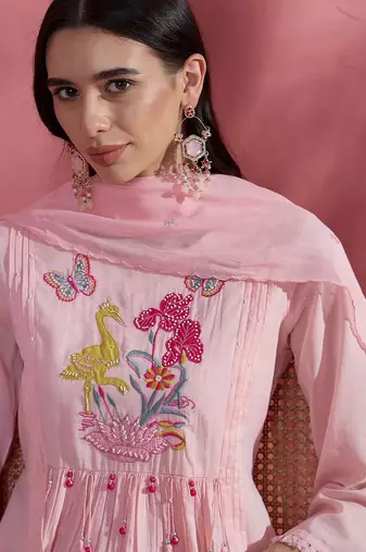 Floral yoke design v-neck a-line pure cotton kurta with trousers & dupatta