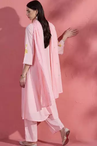 Floral yoke design v-neck a-line pure cotton kurta with trousers & dupatta