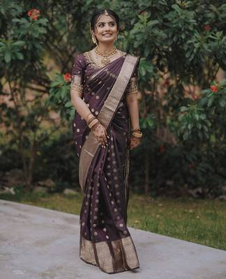 maroon silk blend banarasi jacuard work festive saree with unstitched blouse piece 1