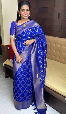 royal blue silk blend banarasi jacuard work festive saree with unstitched blouse piece 1
