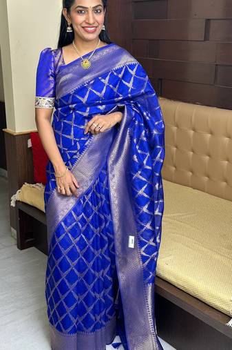 royal blue silk blend banarasi jacuard work festive saree with unstitched blouse piece
