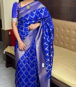 royal blue silk blend banarasi jacuard work festive saree with unstitched blouse piece