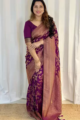 wine  silk blend banarasi jacuard work festive saree with unstitched blouse piece