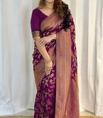 wine  silk blend banarasi jacuard work festive saree with unstitched blouse piece