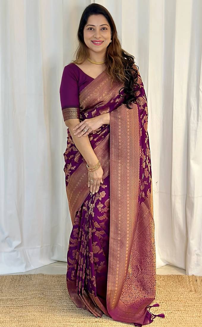 wine  silk blend banarasi jacuard work festive saree with unstitched blouse piece