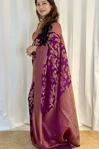 wine  silk blend banarasi jacuard work festive saree with unstitched blouse piece