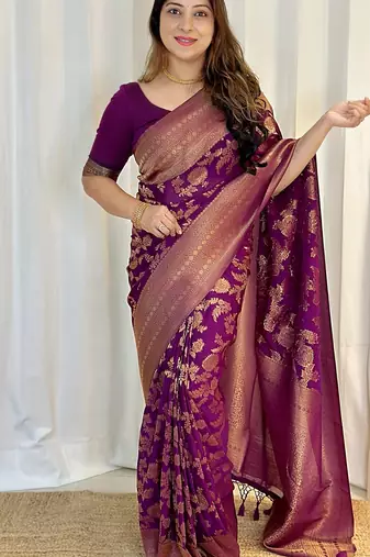 wine  silk blend banarasi jacuard work festive saree with unstitched blouse piece
