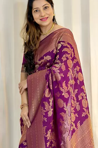 wine  silk blend banarasi jacuard work festive saree with unstitched blouse piece