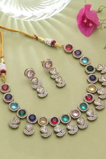 Royal heritage multi color american diamond navratna polki necklace set for bridal outfits