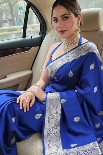royal blue silk blend banarasi jacuard work festive saree with unstitched blouse piece
