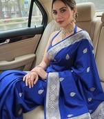 royal blue silk blend banarasi jacuard work festive saree with unstitched blouse piece