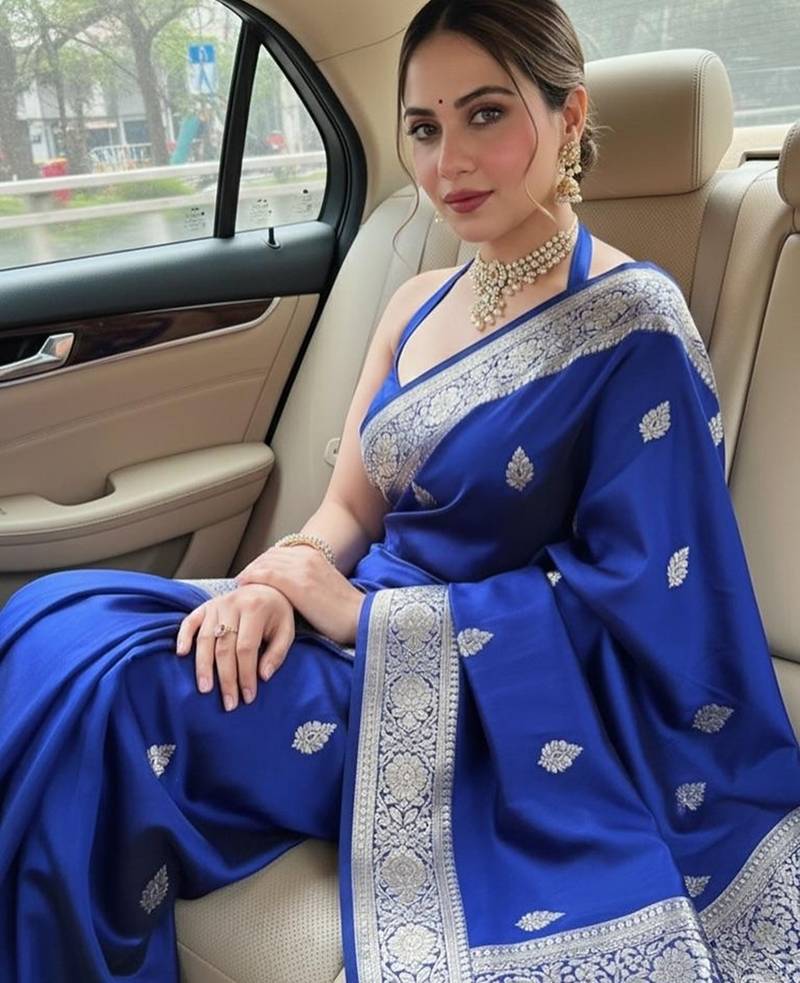 royal blue silk blend banarasi jacuard work festive saree with unstitched blouse piece