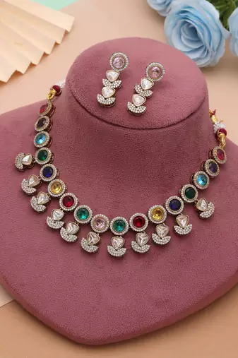 Royal heritage multi color american diamond navratna polki necklace set for bridal outfits