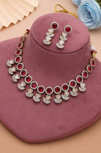 Regal crimson red color american diamond navratna polki necklace set for wedding functions