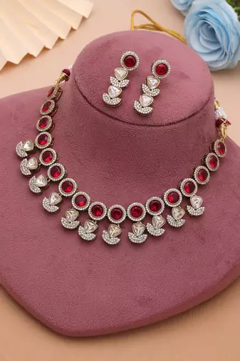 Regal crimson red color american diamond navratna polki necklace set for wedding functions