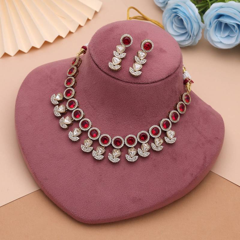 Regal crimson red color american diamond navratna polki necklace set for wedding functions