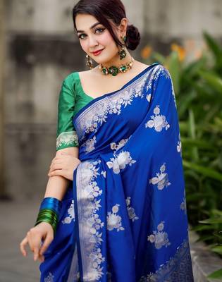 royal blue silk blend banarasi jacuard work festive saree with unstitched blouse piece 1