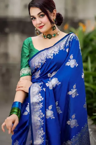 royal blue silk blend banarasi jacuard work festive saree with unstitched blouse piece