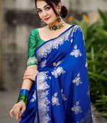 royal blue silk blend banarasi jacuard work festive saree with unstitched blouse piece