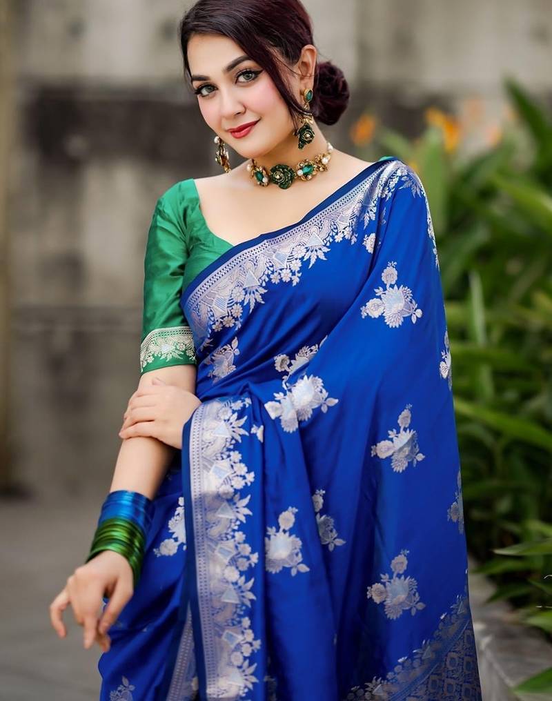 royal blue silk blend banarasi jacuard work festive saree with unstitched blouse piece