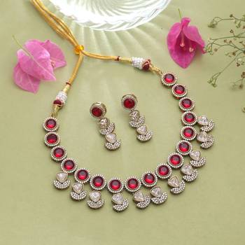 Regal crimson red color american diamond navratna polki necklace set for wedding functions 2