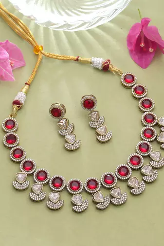 Regal crimson red color american diamond navratna polki necklace set for wedding functions
