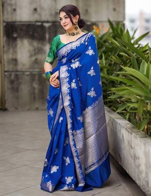 royal blue silk blend banarasi jacuard work festive saree with unstitched blouse piece 2