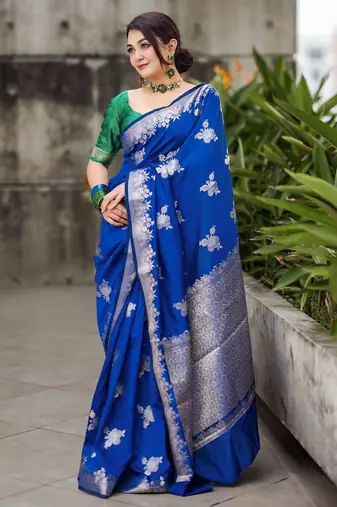 royal blue silk blend banarasi jacuard work festive saree with unstitched blouse piece
