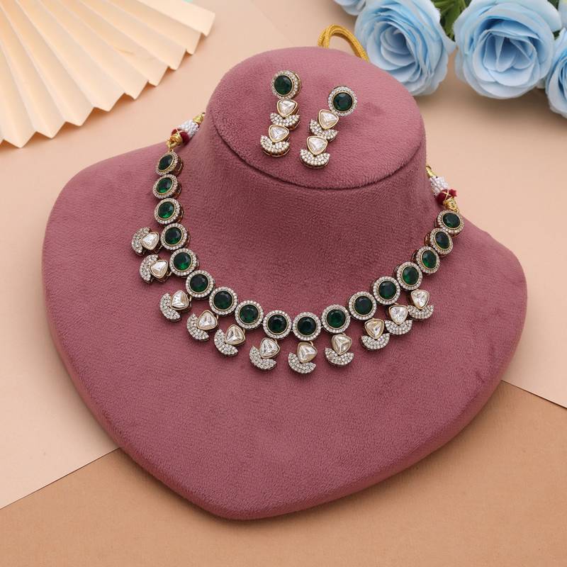 Lush emerald green color american diamond navratna polki necklace set for festive occasions