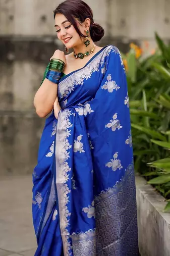 royal blue silk blend banarasi jacuard work festive saree with unstitched blouse piece
