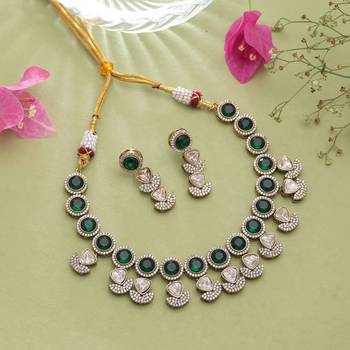 Lush emerald green color american diamond navratna polki necklace set for festive occasions 2
