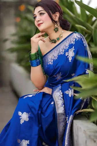 royal blue silk blend banarasi jacuard work festive saree with unstitched blouse piece