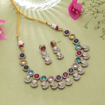 Vibrant traditional multi color american diamond navratna polki necklace set for celebrations 1