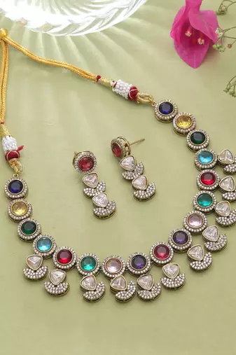 Vibrant traditional multi color american diamond navratna polki necklace set for celebrations