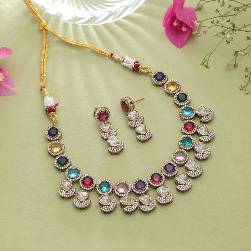 Vibrant traditional multi color american diamond navratna polki necklace set for celebrations