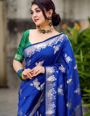 royal blue silk blend banarasi jacuard work festive saree with unstitched blouse piece 5