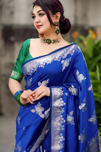 royal blue silk blend banarasi jacuard work festive saree with unstitched blouse piece