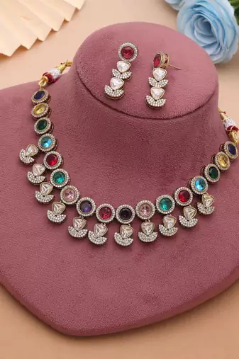 Vibrant traditional multi color american diamond navratna polki necklace set for celebrations