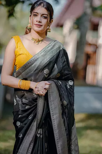 black silk blend banarasi jacuard work festive saree with unstitched blouse piece