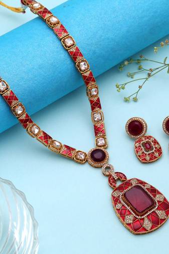 Exquisite ruby red color american diamond polki necklace set for elegant evening wear