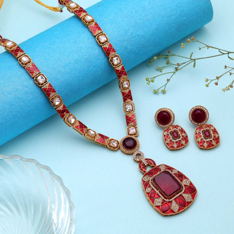 Exquisite ruby red color american diamond polki necklace set for elegant evening wear