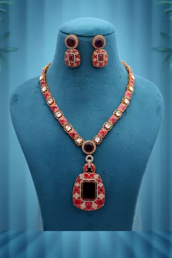 Exquisite ruby red color american diamond polki necklace set for elegant evening wear