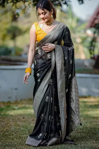 black silk blend banarasi jacuard work festive saree with unstitched blouse piece