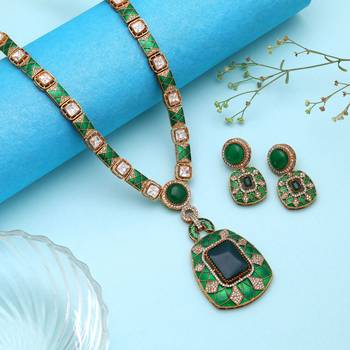 Splendid forest green color american diamond polki necklace set for women party wear 1