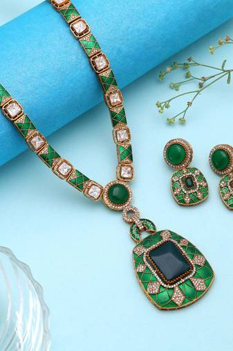 Splendid forest green color american diamond polki necklace set for women party wear