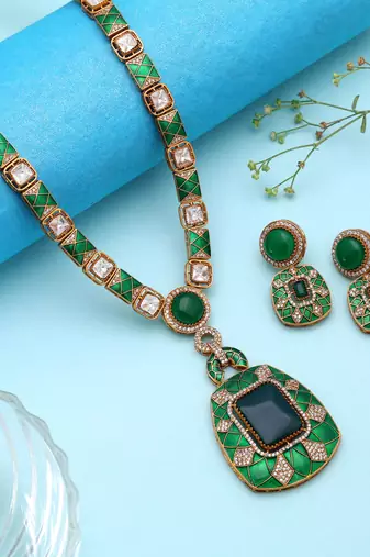 Splendid forest green color american diamond polki necklace set for women party wear