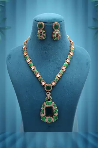 Splendid forest green color american diamond polki necklace set for women party wear