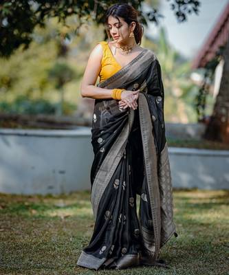 black silk blend banarasi jacuard work festive saree with unstitched blouse piece 4